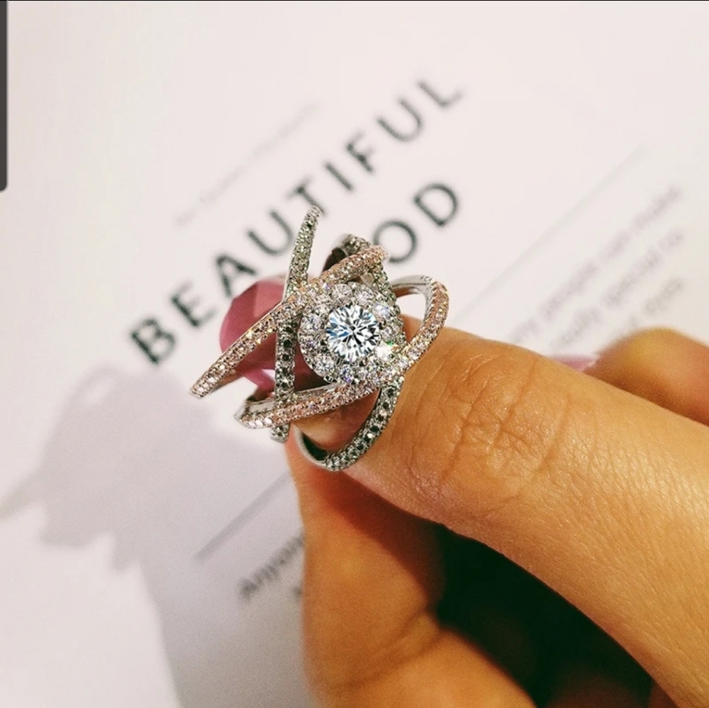 Exquisite Crossed Rose Gold Silver Diamond Ring - Picture 3 of 5